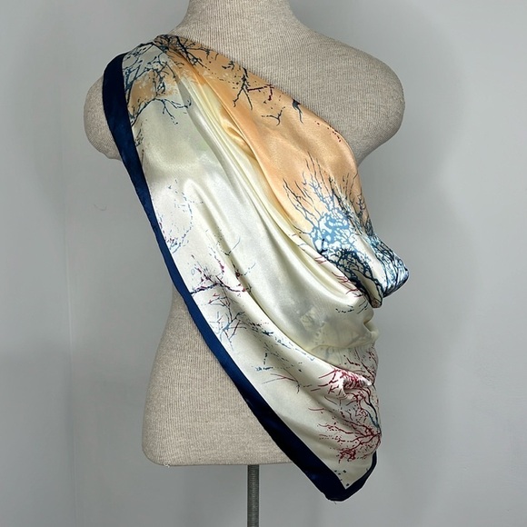 Corciova Abstract Womens Satin Scarf Trees Blue Pink Coral Cream Square - Picture 10 of 12